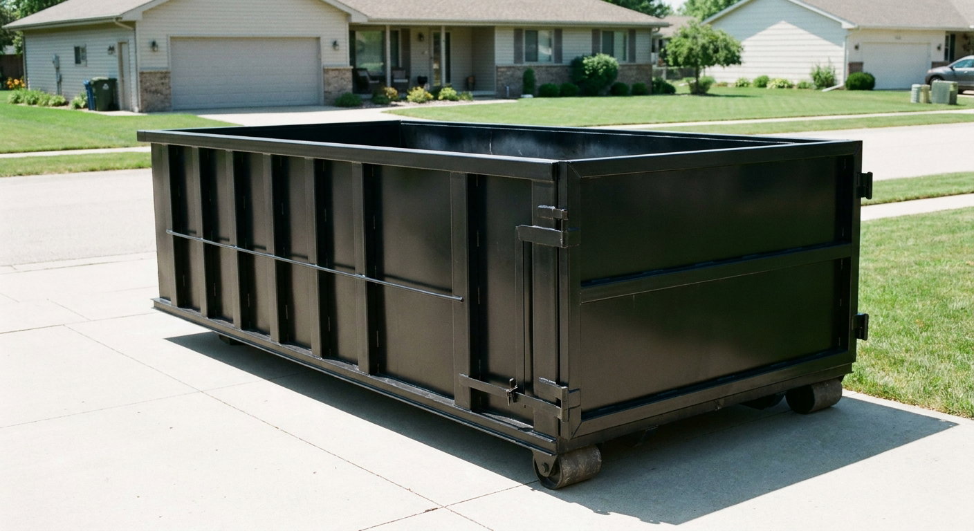 Matte-black 10-yard roll-off dumpster on a residential concrete driveway in Bedford, uniformly painted matte black across every panel and rail, ribbed steel sidewalls and rear swing door visible, mid-day daylight.