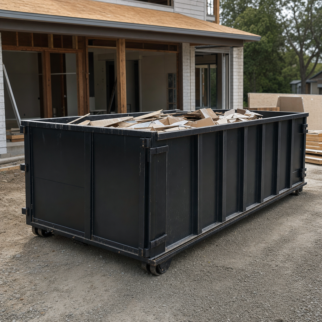 Large matte-black 30-yard construction roll-off dumpster at an active Bedford jobsite, steel-gray top rails and bottom rollers visible, loaded with construction debris.