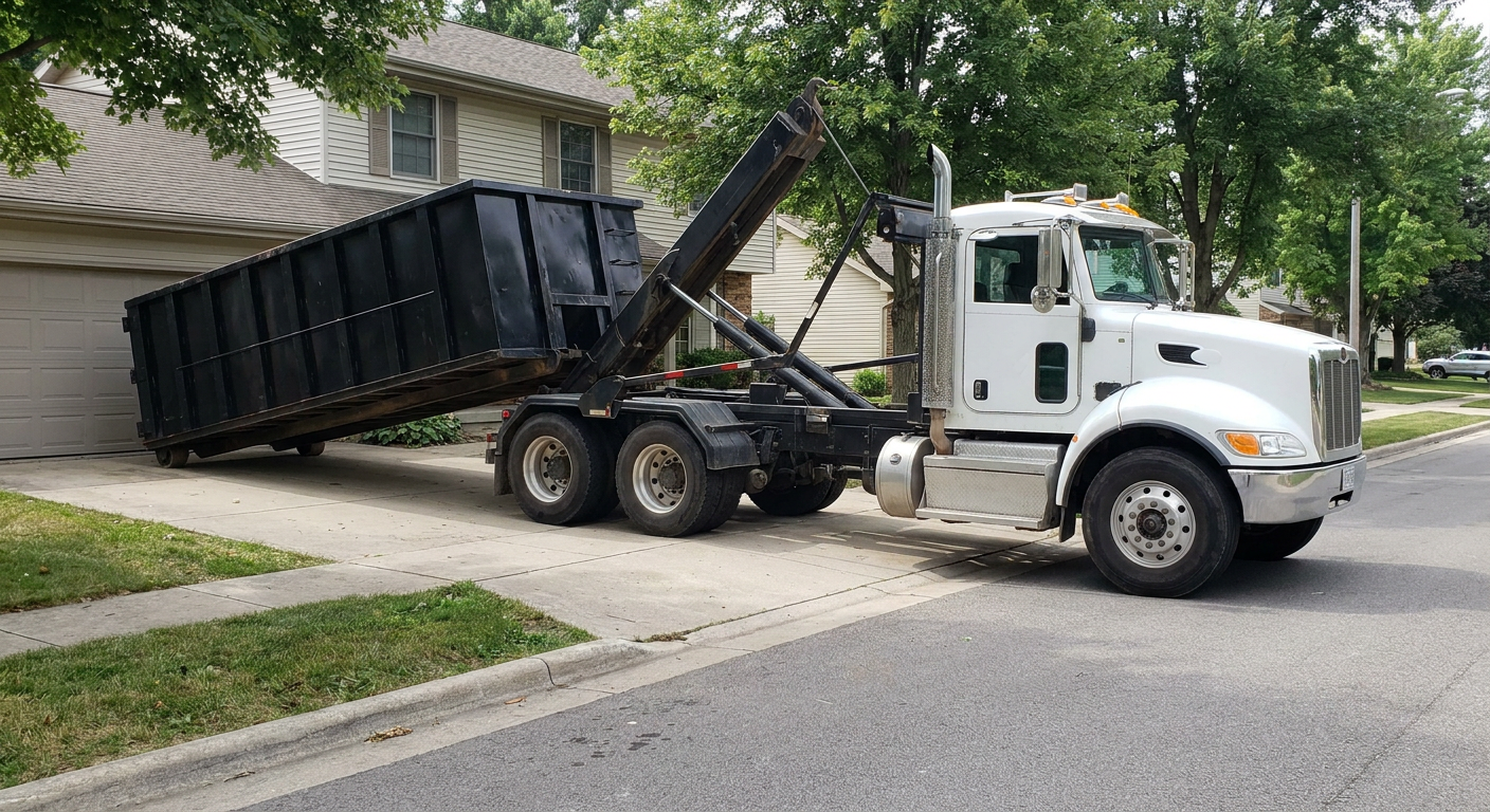 White-cab hooklift roll-off truck actively lowering a matte-black dumpster onto a Bedford residential concrete driveway, the dumpster's rear wheels touching the driveway as the hoist arm tilts the bed forward, mid-morning daylight.